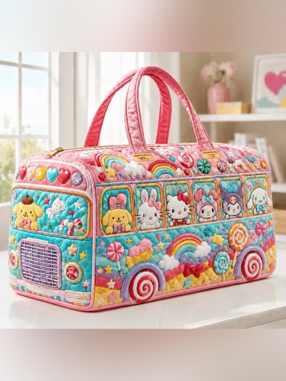 Sanrio Pink & Teal Quilted Rainbow Bus Tote